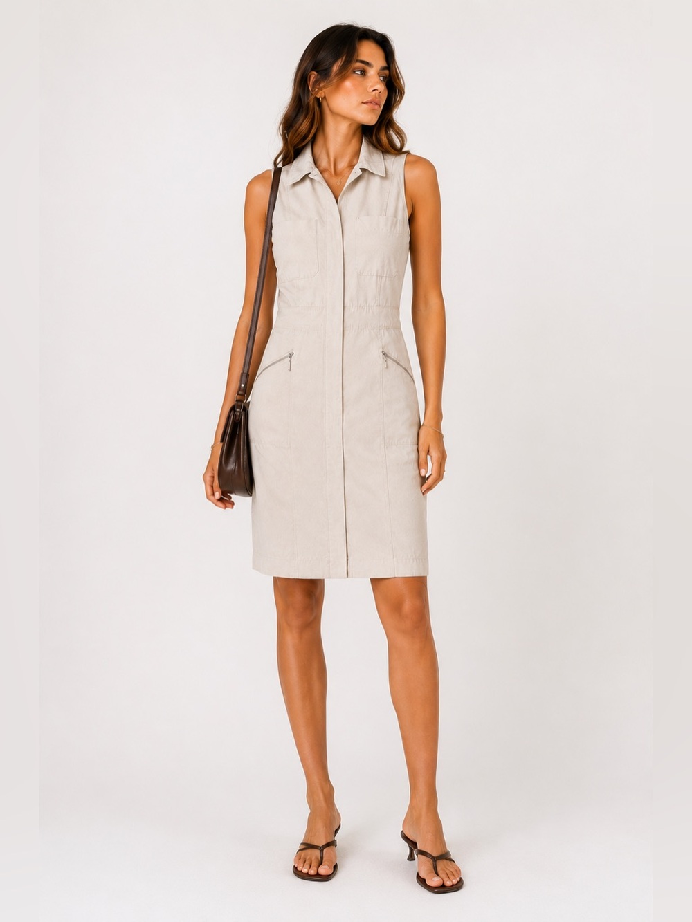 Le Château Made in Canada Utility Zip Midi Dress Neutral Beige P/S
